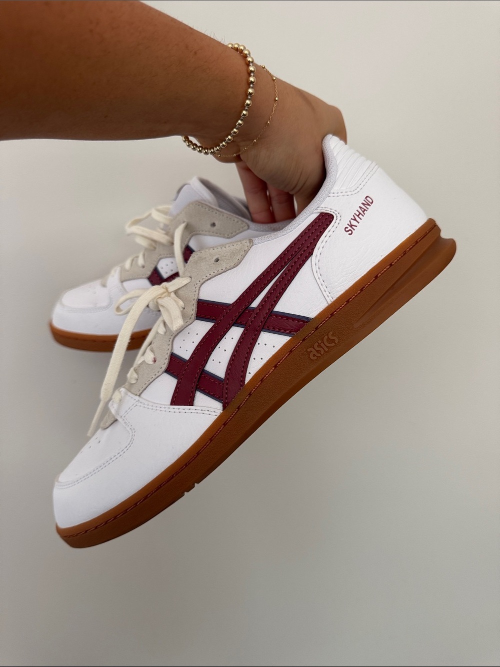 Men’s ASICS White Sneakers with Burgundy Stripes and Gum Sole - Picture 6 of 6